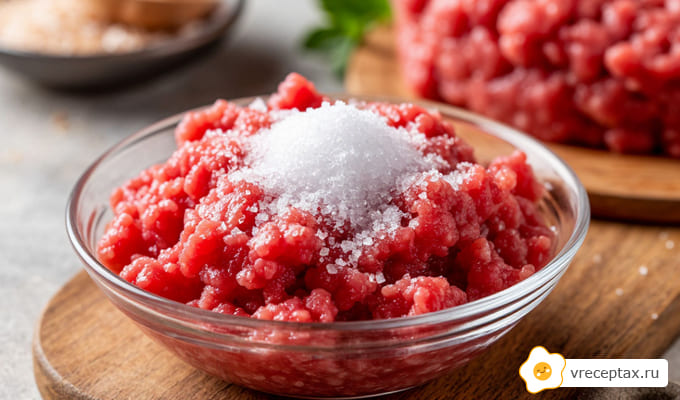В стеклянной тарелке красный мясной фарш посыпан сахаром