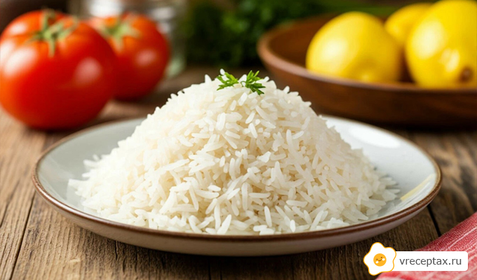 Белый рис на тарелке зелень
