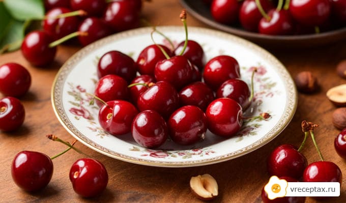 Вишня на тарелке красная