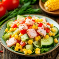 На тарелке крабовый салат с кукурузой
