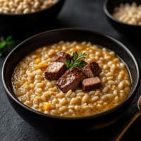 В глубокой тарелке лежит перловая каша с мясом