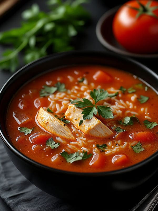 В глубокой чёрной тарелке налит томатный суп с кусочками мяса курицы, риса и помидор с зеленью