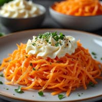 На тарелке нарезанная морковка с майонезом и зеленью