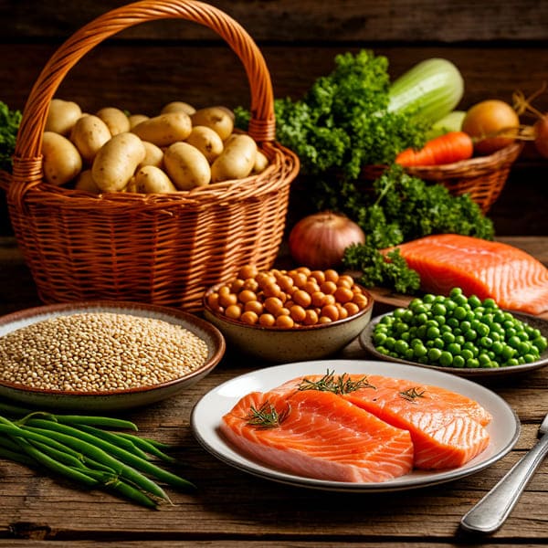 Кухонный стол с продуктами в корзине для готовке