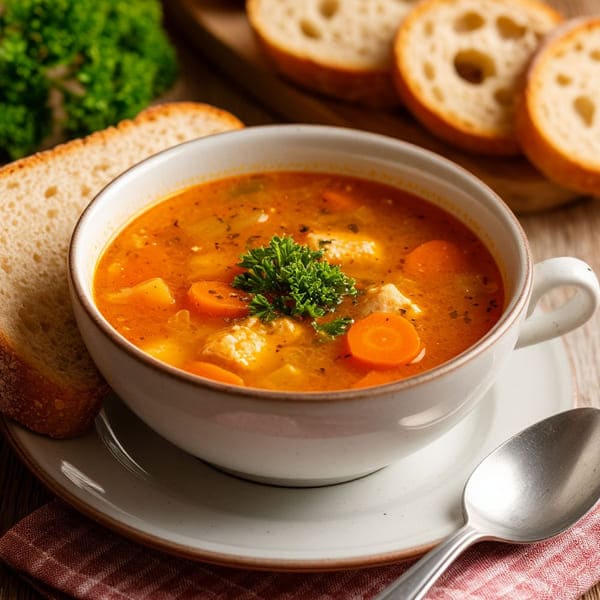 На столе стоит тарелка с супом и кусок хлеба 