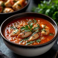 Тарелка с томатным супом, курицей и рисом