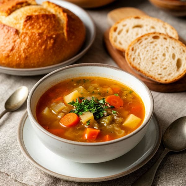 В глубокой тарелке вкусный суп  рядом ложка 